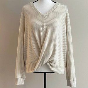 Cozy Twist Light Beige Twist-Front V-Neck Sweater